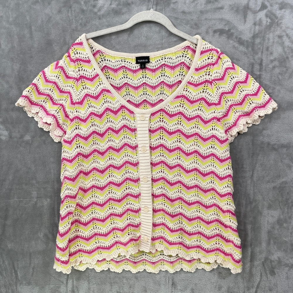 Torrid Pointelle Crochet Top 2X Knit Pink Green Zig Zag Short Sleeve Pullover
